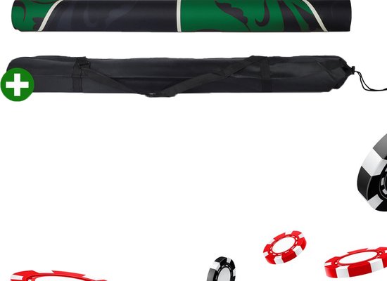 Tapis de poker - Table de poker - 180 x 90 cm - Tapis de poker antidérapant enroulable - Set de poker - Tapis de cartes - Tapis de poker - 2 à 10 personnes - Incl. Étui de transport et cartes de poker dorées - Vert/ Zwart