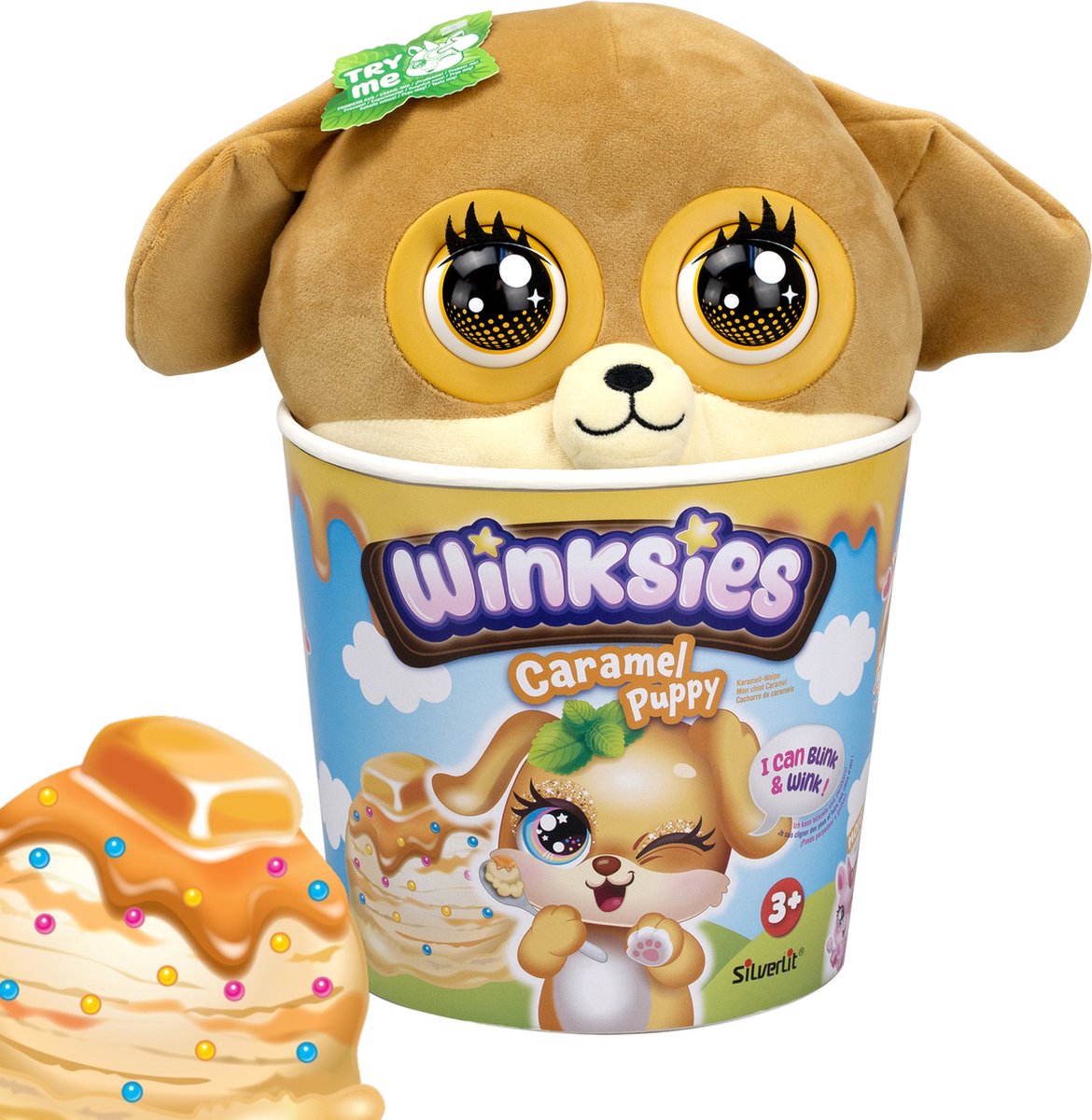 Winksies Caramel Puppy - Interactieve knuffel in een ijsbeker