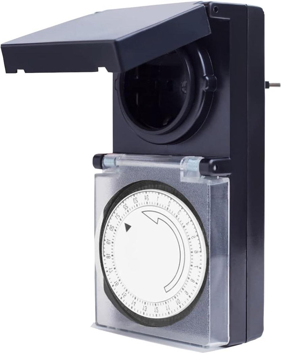 Tijdschakelaar voor buiten - mechanische timer voor stopcontact - schakelklok voor tuinstopcontacten - IP44 spatbestendig zwart