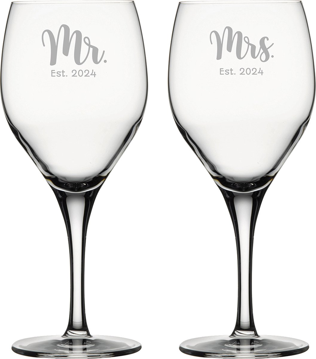 Gegraveerde set rode wijnglazen 42,5cl Mr. Est. 2024 - Mrs. Est. 2024