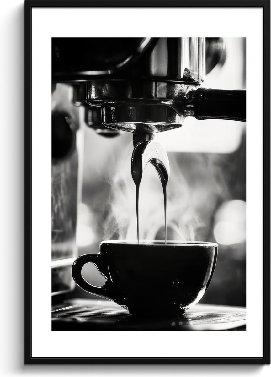 FrameYourWall Fotolijst inclusief poster - Posterlijst 80x120 cm - Posters - Coffee - Espresso - Koffiemachine - Kop - Foto in lijst - Keuken decoratie muur - Wanddecoratie accessoires - Muurdecoratie - Schilderijen