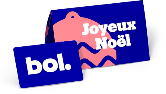 Blauwe kaart met roze kerstbal en golven. Naast de kaart staat een blauw cadeaubon met 'bol.' in witte letters.