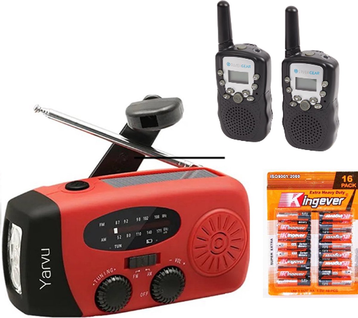 Yarvu ® - Noodpakket - Noodradio + Walkie Talkie op Batterijen + 16-Pack AAA Batterijen Geleverd - Nood Pakket - Nood Radio - AM FM- Noodrantsoen - Opwindbaar - Solar