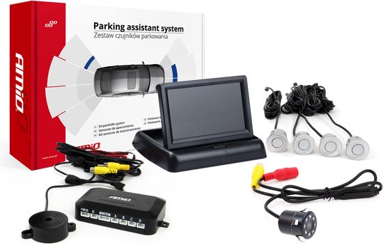 AMiO Parkeerhulpsysteem TFT02 4,3 inch LCD Beeldscherm - HD307IR Camera en 4 Zilveren Sensoren voor Auto