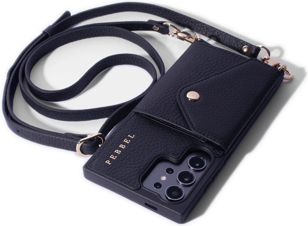 Pebbel Crossbody Hoesje Zwart - Geschikt voor Samsung Galaxy S23 Ultra - Luxe Hoesje met Koord - Echt Italiaans Leer - Pasvakje