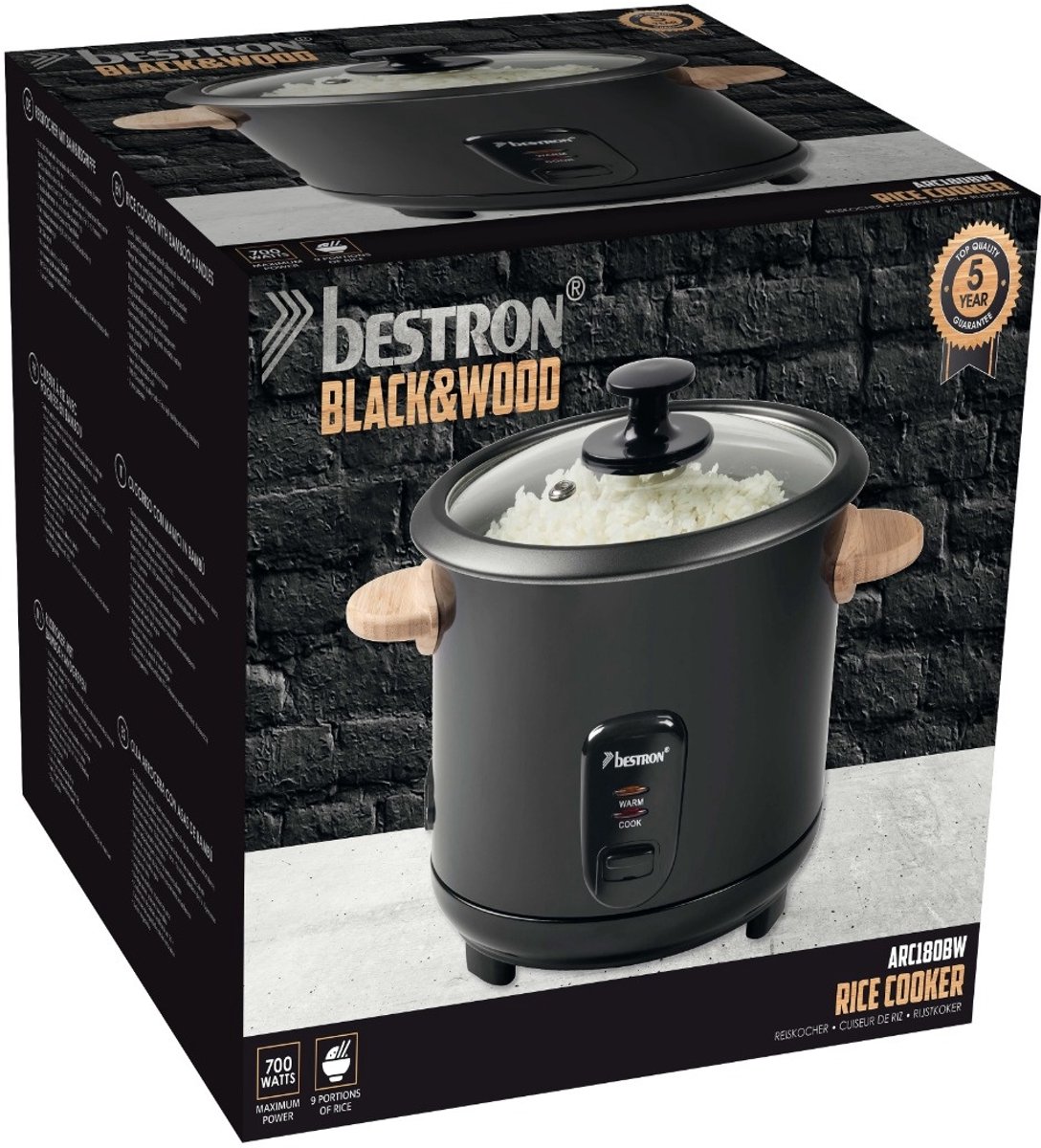 Bestron Rijstkoker 1.8L - ARC180BW - 8-10 personen - Droogkookbeveiliging, warmhoudfunctie - Zwart - 5 jaar garantie thumbnail 5