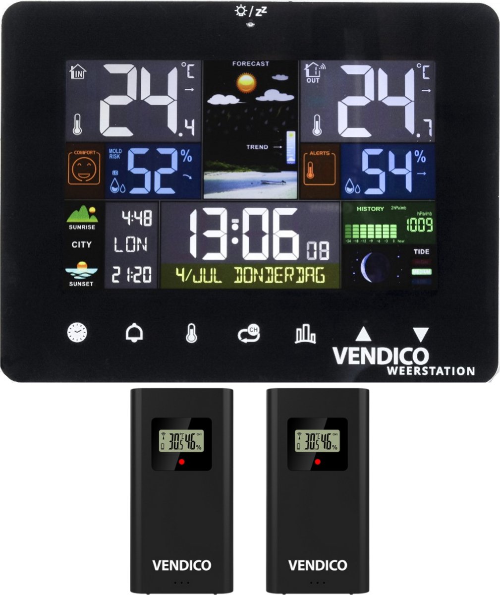 Vendico® Weerstation Binnen En BuitenIncl. Buitensensor - Met Touch Buttons - Draadloos weerstation met 1 extra sensor