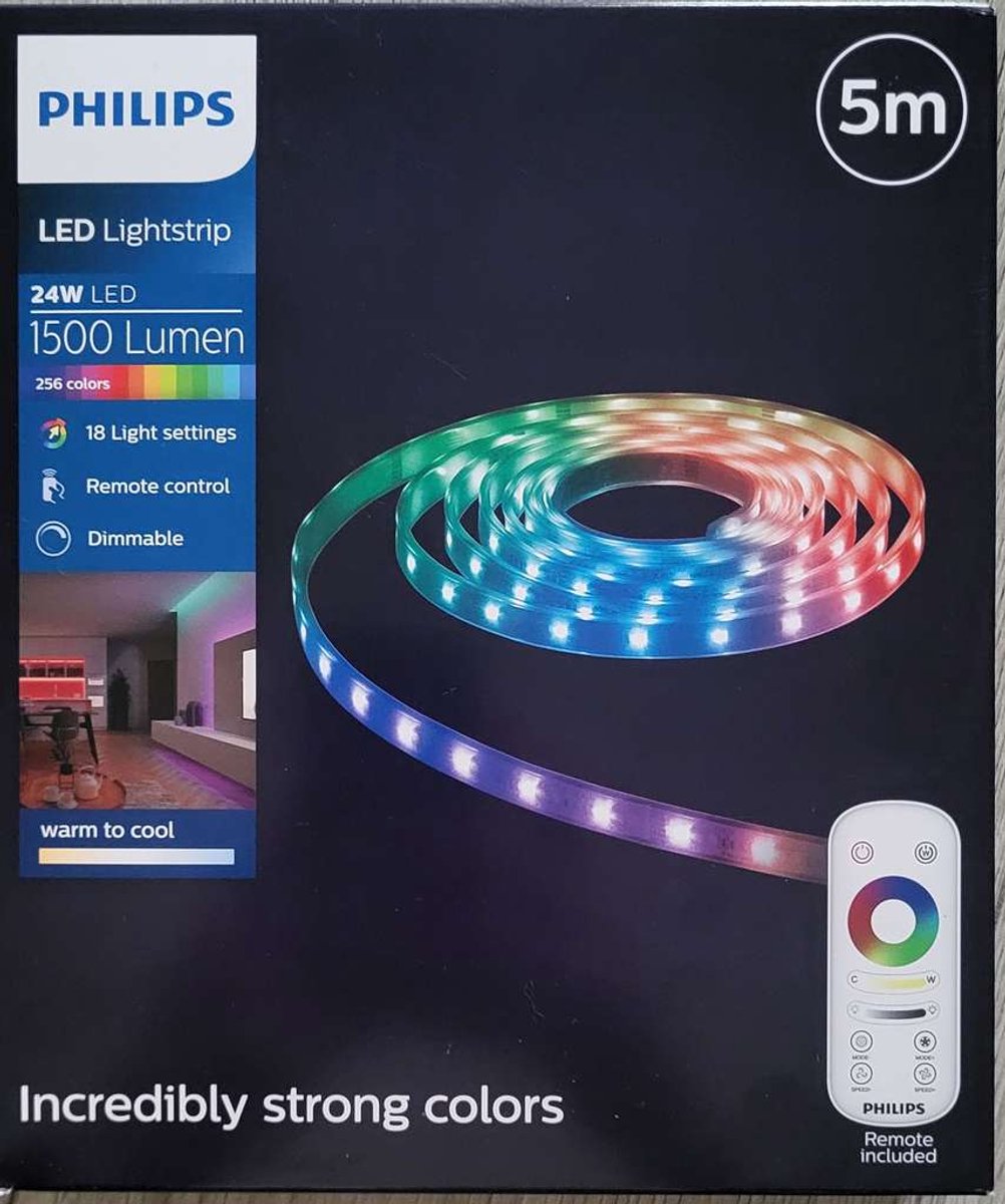 Philips LED Lightstrip - 24W LED - 1500 Lumen - 256 kleuren - Afstandsbediening - Dimbaar Wit