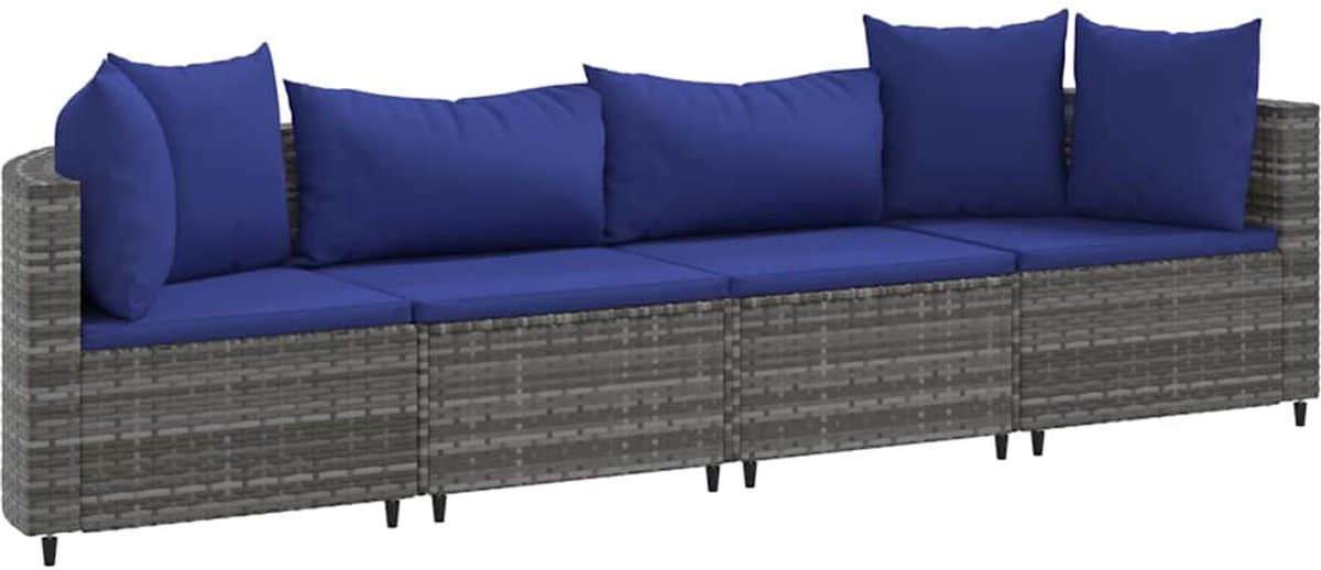 The Living Store 4-delige Loungeset met kussens poly rattan grijs - Loungebank - Tuinset - Lounge Set - Buitendecoratie - Garden Furniture