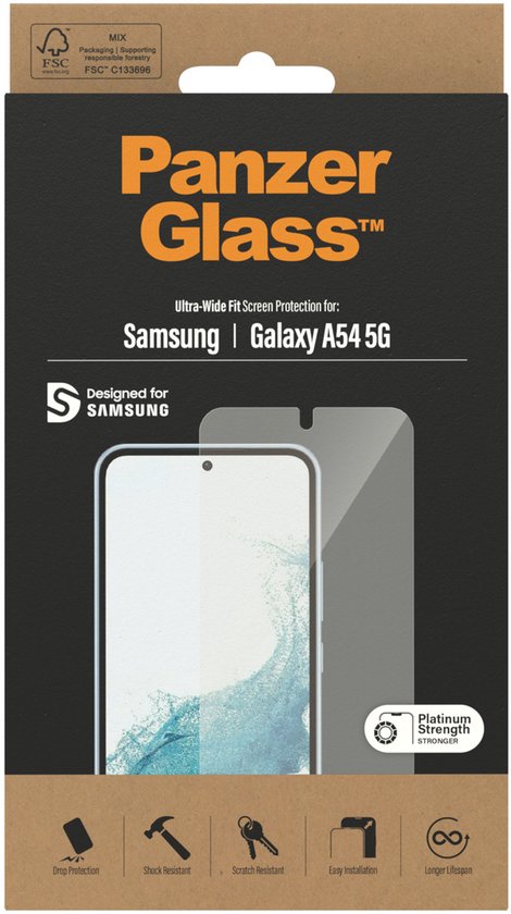 Verpakking van PanzerGlass Ultra-Wide Fit Screenprotector voor Samsung Galaxy A54 5G. Met FSC-logo en iconen voor val-, kras- en schokbestendigheid.