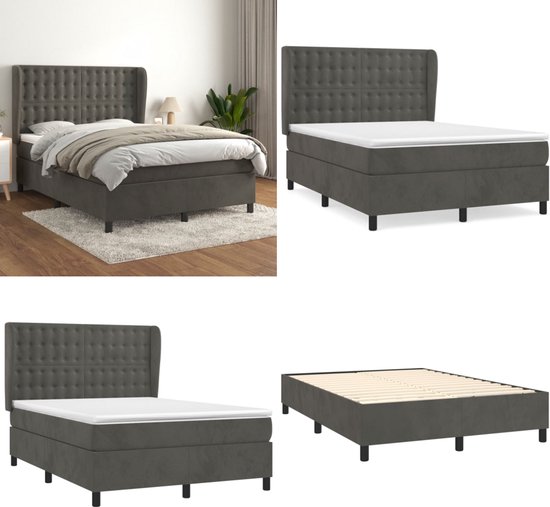 vidaXL Boxspring avec matelas Velours Gris foncé 140x190 cm - Boxspring - Sommiers - Lit - Meubles de couchage