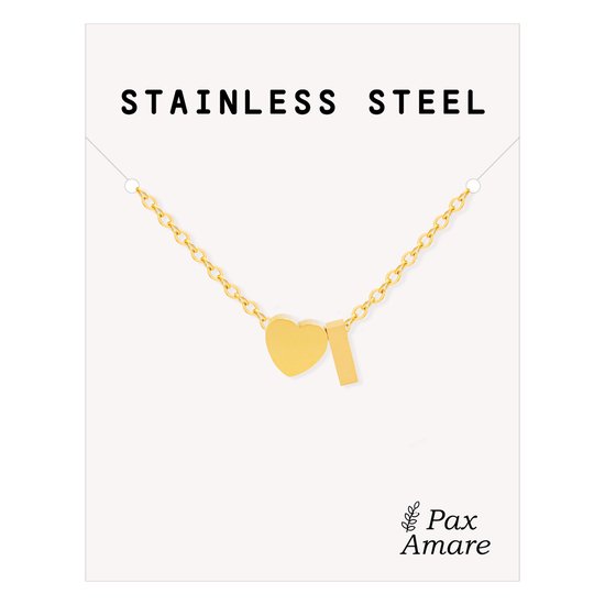 Chaîne dorée avec un cœur et la lettre I, sur une carte "STAINLESS STEEL".