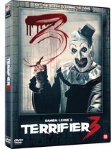 Terrifier 3 DVD-hoes met enge clown met bloedige mond en handen, 'Art the Clown is coming to town!'