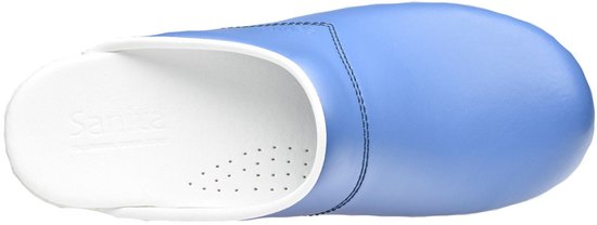 Bovenaanzicht van blauwe Sanita klomp met witte binnenzool.