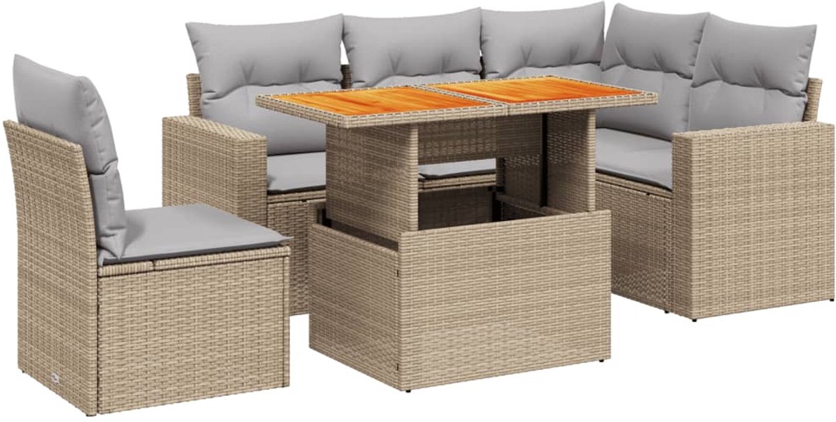 The Living Store 6-delige Loungeset met kussens poly rattan beige - Loungeset - Tuinset - Lounge Set - Buitendecoratie - Tuinmeubels