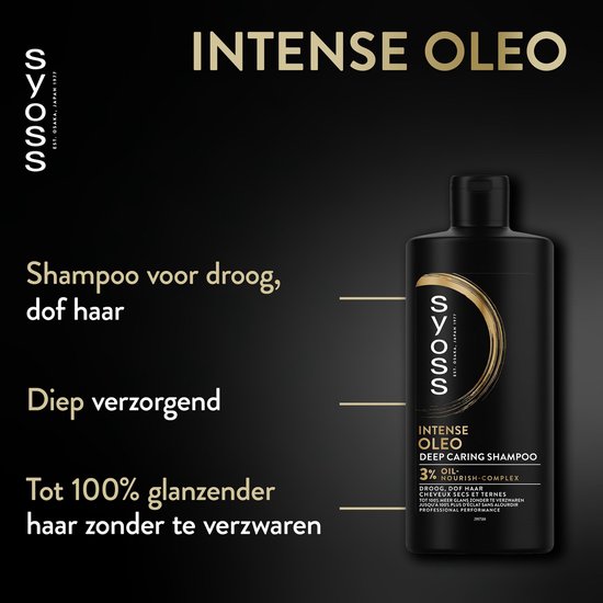 Zwarte fles SYOSS Intense Oleo Deep Caring Shampoo, met tekst over 'Shampoo voor droog, dof haar'.
