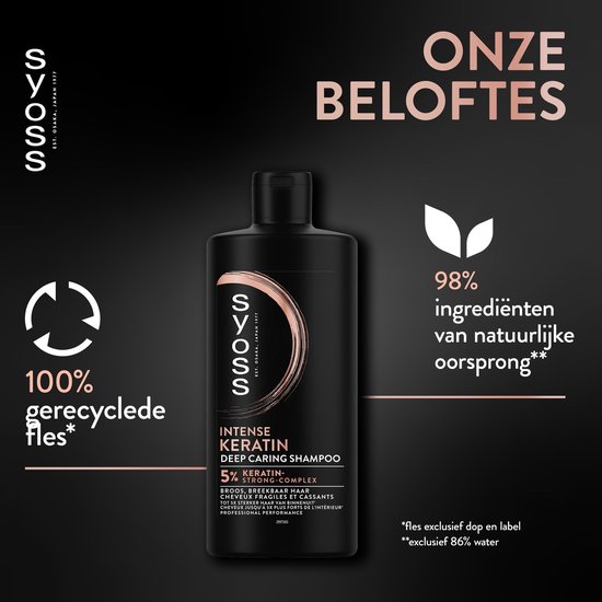 Syoss Intense Keratin Deep Caring Shampoo met 5% Keratin-Strong-Complex, 100% gerecyclede fles.