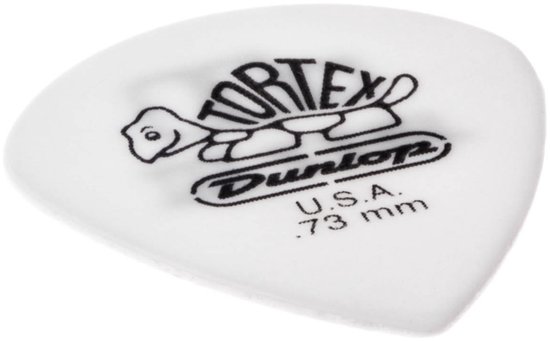Médiator blanc avec tortue Tortex et logo Dunlop. U.S.A. .73 mm.