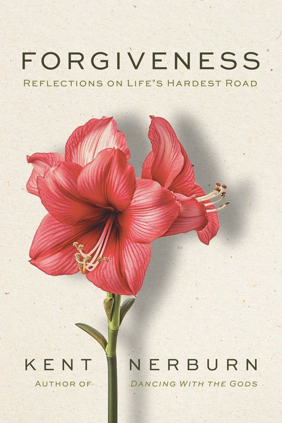 Boekcover met de titel FORGIVENESS in grote letters, met daaronder een grote rode bloem.