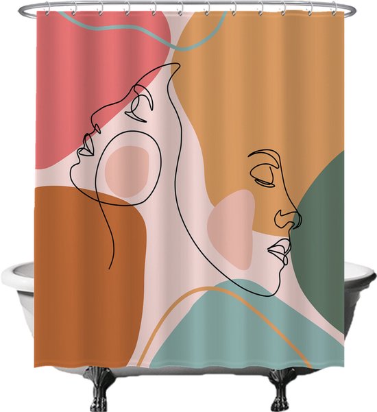 Foto: Ulticool douchegordijn gezichten abstract aesthetic emotie 180 x 200 cm semi transparant met 12 ringen wit anti schimmel oker roze bruin groen