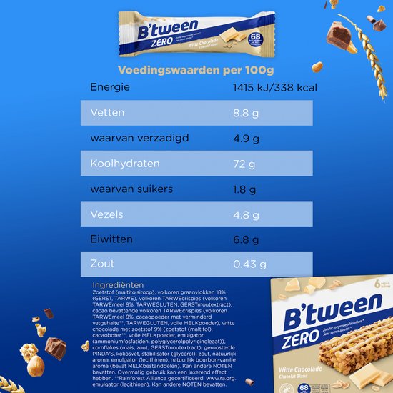 Voedingswaarde per 100g voor B'tween Zero Witte Chocolade.