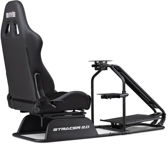 Zwarte GTRacer 2.0 cockpit met verstelbare stoel en pedaalsteun. Elektronica niet inbegrepen.