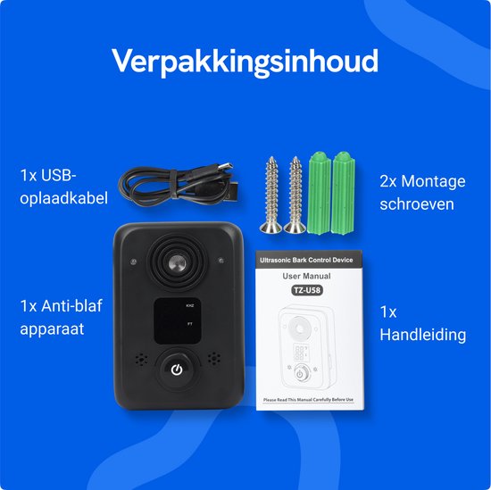 Dispositif anti-aboiement Premium - Ultrasonique - Fonctionnement rechargeable et automatique - Sans choc + résistant à l'eau - Pour tous les Chiens - Intérieur et extérieur