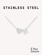 Collier Lettre M Couleur Argenté - Acier Inoxydable - Pendentif Initiale & Coeur - Collier Initiales sur Carte Cadeau - Pax Amare