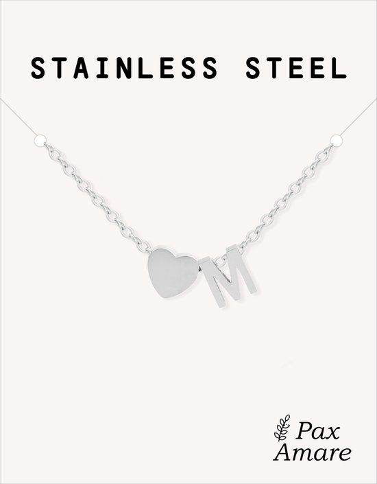 Collier Lettre M Couleur Argenté - Acier Inoxydable - Pendentif Initiale & Coeur - Collier Initiales sur Carte Cadeau - Pax Amare
