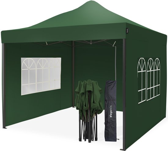 LifeGoods Partytent - 3x3 m - Zijwanden - Easy Up - Paviljoen - Opvouwbaar - Waterdicht - Draagtas met Wieltjes - Donkergroen