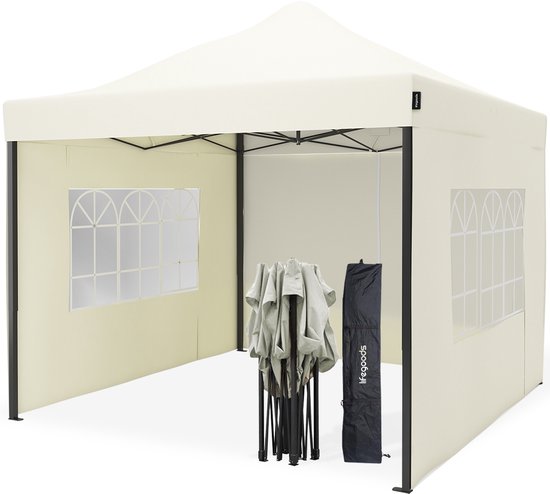 LifeGoods Partytent - 3x3 m - Zijwanden - Easy Up - Paviljoen - Opvouwbaar - Waterdicht - Draagtas met Wieltjes - Beige