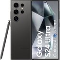 Donkergrijze Samsung Galaxy S24 Ultra met S Pen, met de tekst 'Galaxy S24 Ultra' op het scherm.