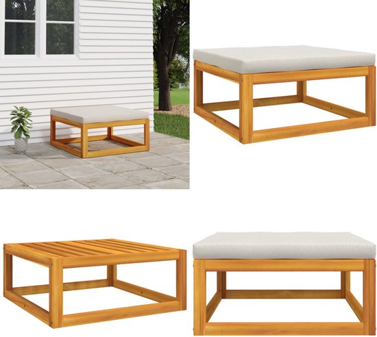 VidaXL Voetenbank - Massief Acaciahout - Crèmewit Kussen Voetenbank Houten Bank Lounge Set Tuinset Acacia Hout Outdoor Furniture Terrasstoel Balkonset