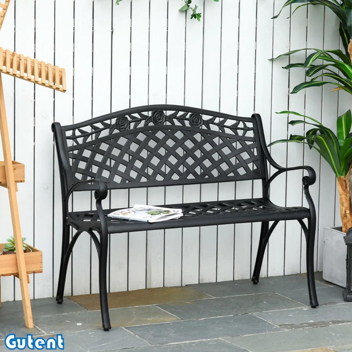 Gutent Tuinbank-2-zits-Aluminium metalen bank met armleuningen-Rustic-Zwart-102.5 x 61 x 84cm