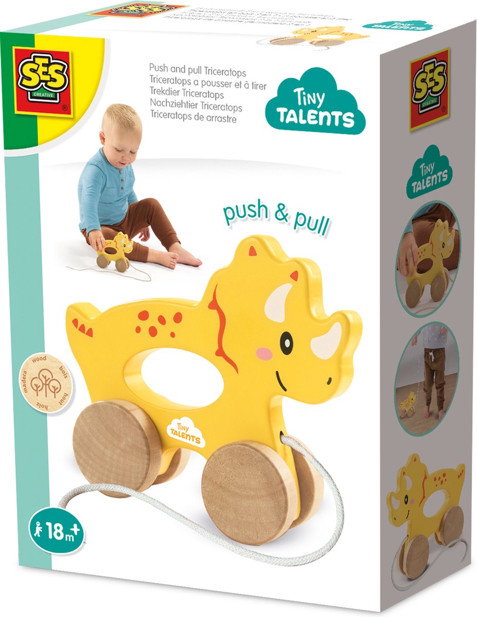 SES Creative - Tiny Talents - 2-in-1 Houten Triceratops - duw- en trekspeelgoed - motoriek stimuleren - dino design - actief spelen - houten speelgoed - peuter speelgoed