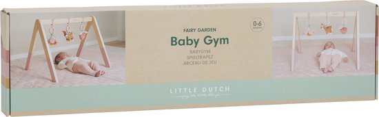 Doos van Little Dutch Baby Gym Fairy Garden met afbeeldingen van baby's en speeltjes.