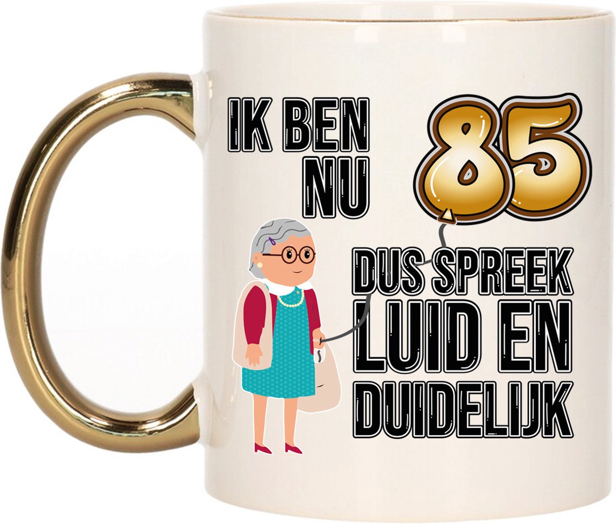 Bellatio Decorations Verjaardag cadeau mok 85 jaar - luid en duidelijk oma - goud - 300 ml