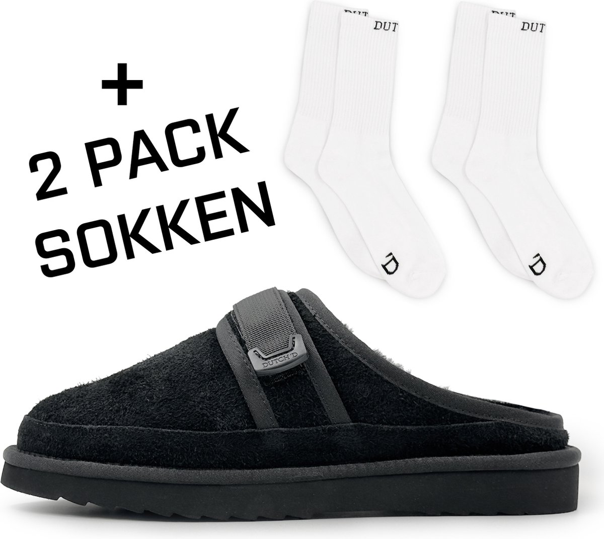 Dutch'D ® - Luxe pantoffel + Set sokken! - Sloffen - Designer- Ease Mule Suede zwart - Maat 42 - Echt wol! - Heerlijk warm - Ook voor buiten