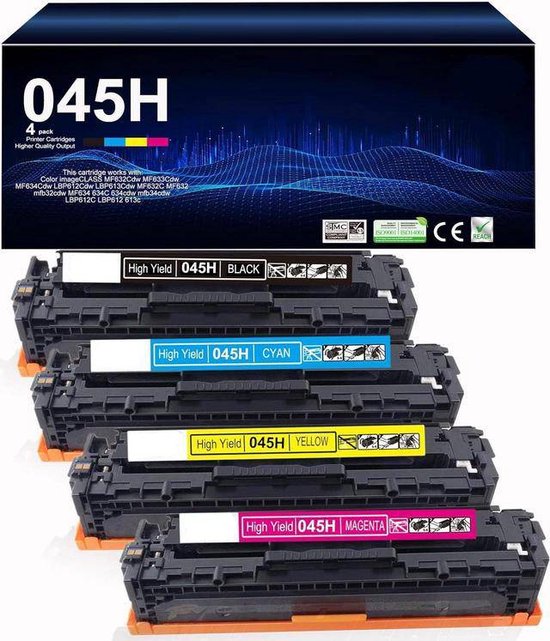 4-pack | Toners Geschikt voor Canon 045 / 045H | Geschikt voor Canon i-Sensys LBP611CN - LBP613CDW - MF631CN - MF633CDW - MF635CX