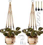 2 Stuks Luxe Jute Plantenhangers - Boho Handgeweven Macrame Hangpot voor Binnen/Buiten - Hangende Bloempot met Kralen - Macramé Touw/Koord Hangplant Houder - Bohemian Wandhanger Decoratie - Plant Hanger - Verticale Tuin Bloempothouder Planthanger