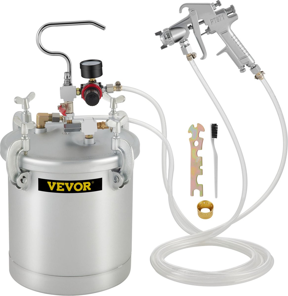 VEVOR Verf Druk Pot 10 L Verfreservoir 25-30 PSI Drukpot Tank Gemaakt van Hoogwaardig Metaalmateriaal met Spuitpistool, Hoogwaardige Mondstuk, 10' Lucht- en Vloeistofslang voor Commercieel Schilderen