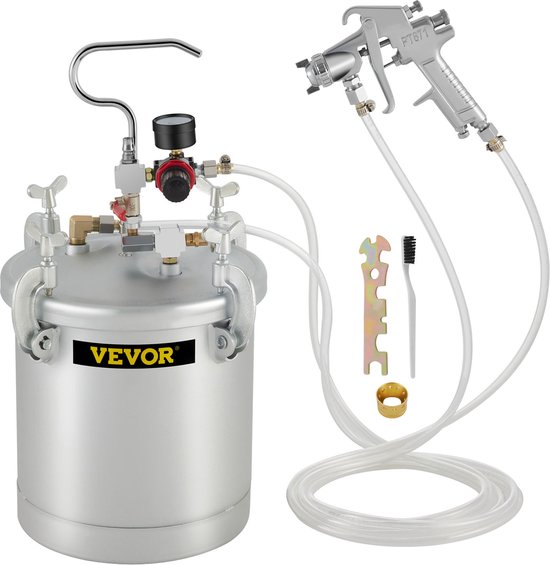 VEVOR 10L zilveren drukpot met manometer, spuitpistool, slangen en gereedschap.