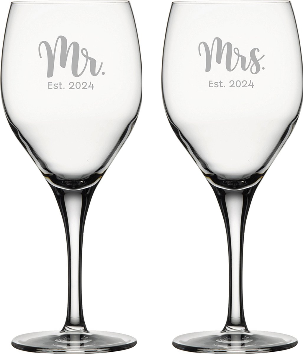 Gegraveerde set witte wijnglazen 34cl Mr. Est. 2024 - Mrs. Est. 2024