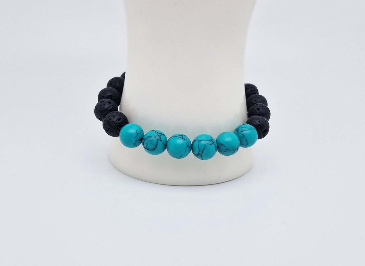 Handgemaakte "Armband Vulkanische" natuurstenen armband “Lava Donker -Howliet groen ” - 10 mm diameter van de korrel- Diameter armband 20 cm - Een mooi cadeau voor familie en vrienden