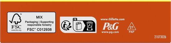 Zijkant verpakking Gillette Fusion5 met FSC keurmerk en recycling-informatie.