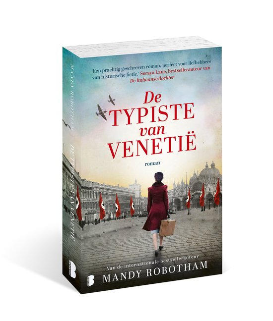 Couverture de livre montrant une femme en manteau rouge avec une valise, marchant vers une architecture vénitienne, avec des avions et des drapeaux.