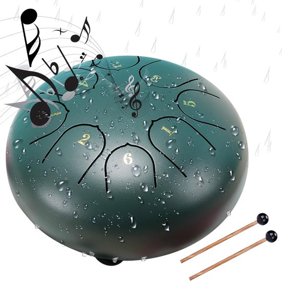 6 inch 8-tonige holle trommel - stalen tongtrommel - kindertrommel - buitentuin regentrommel - percussie-instrument - voor meditatie, entertainment, decompressie, muziek en cadeau - groen