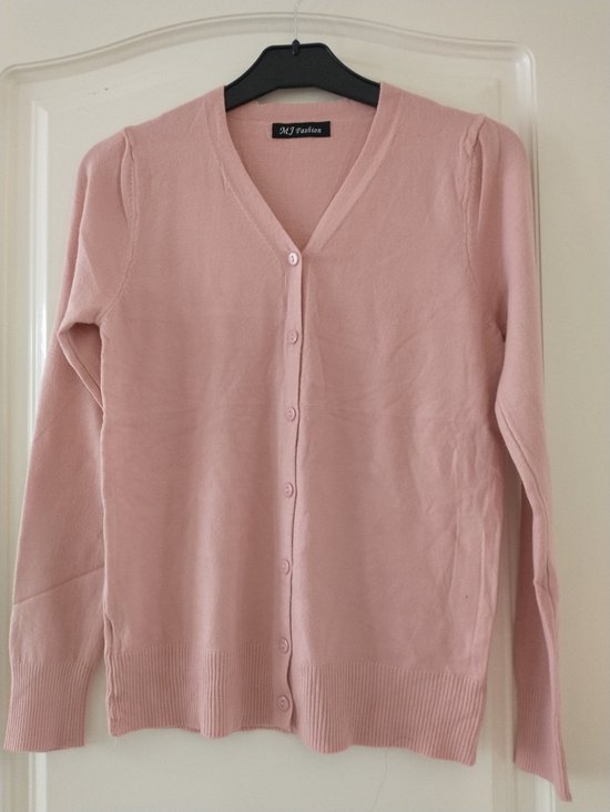 Court cardigan rose à col en V, manches longues et 6 boutons. Étiquette MJ Fashion.