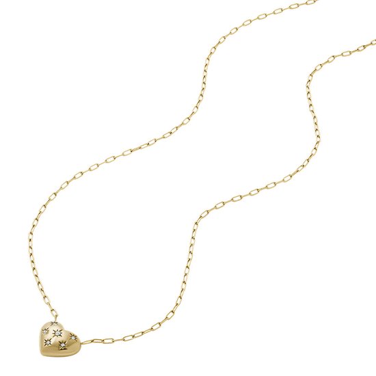 Gouden ketting met een hartvormige bedel bezet met sterren.