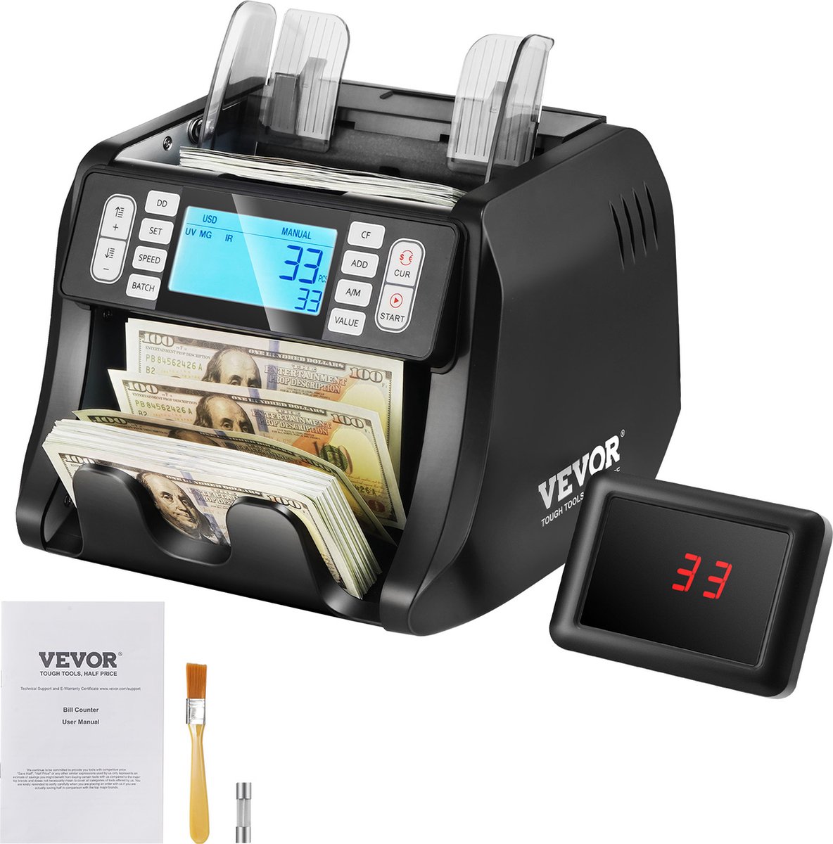 VEVOR-Geldtelmachine, Bankbiljettenteller met Uv-, Mg-, Ir- en Dd-Valsgelddetectie, Usd- en Eur-Geldtelmachine met Optelling en Batchmodus, Groot Lcd- en Extern Display